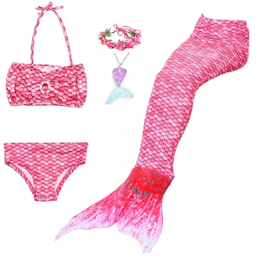Conjunto De Bikini Y Traje De Baño De Sirena Para Niñas - Rosa Fucsia - Ver 1