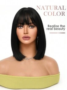 Black Wig Short Bob Wig Women Short Straight Hair Natural Look Costume Wig With Bangs Soft Natural Synthetic Heat Resistant Wig For Party Cosplay Halloween Christmas Wig Carnival 12 Inch Easily Wear