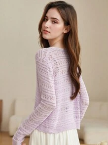 1pc Women Loose V-Neck Hollow Knit Shrug Cover Up, Versatile Long Sleeve Lightweight Ice Silk Sun Protection Kimono Outwear - Multicolor - View 4