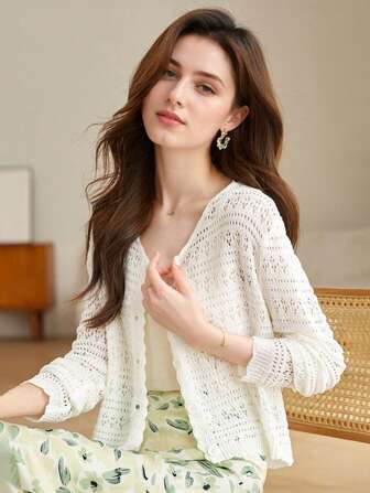 1pc Women Loose V-Neck Hollow Knit Shrug Cover Up, Versatile Long Sleeve Lightweight Ice Silk Sun Protection Kimono Outwear