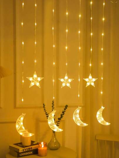 82 LED Star & Moon String Lights, 2m/6.56ft, Battery Powered, Indoor Home Decor Starry Lights, Suitable For Wedding, Party, Holiday, Bedroom, Room, Wall Decor, Can Be Used As Moon Lamp. Holiday Decor Star & Moon Light String