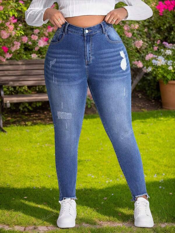 Jeans skinny de mezclilla azul elástica de cintura alta y rasgados de talla grande, Jeans pitillo de talla grande con estampado de bigotes de gato para atuendo diario, Pantalones Vaqueros ajustados con botón desgarro ribete sin dobladillo