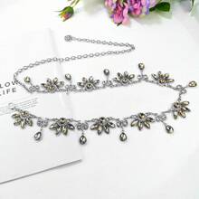 1pc Rhinestone Flower Embellished Glitter Tassel Metal Waist Chain, Elegant Accessory Suitable For Young Girls Going On Dates And Parties - Glass Rhinestones - View 3