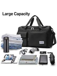 1pc 35L Gym Bag, Yoga Crossbody Bag, Sports Bag With Shoe Compartment And Wet Clothes Compartment, Black Oxford Cloth Wear-Resistant And Waterproof Material, Travel Bag With Wet And Dry Pockets, Lightweight Carry-On Handbag, Weekend Overnight Bag For Women Men Training Trips Workouts Gym Swims And Plane Business Holidays