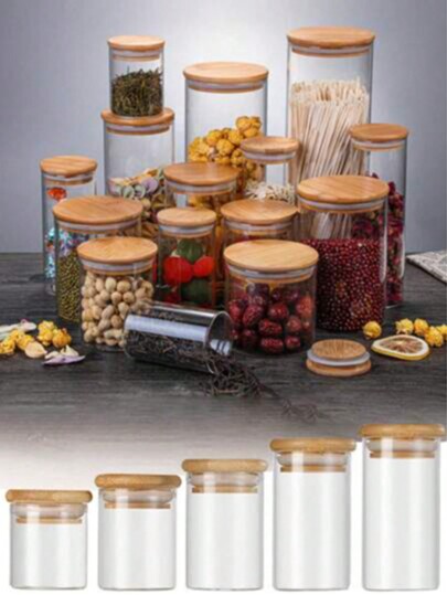 1 Stück Glasaufbewahrungsglas, Lebensmittelbehälter mit versiegeltem Bambusdeckel, tragbares transparentes Glas für Tee, Kaffeebohnen, Zucker, Bonbons, Kekse, Gewürze, Küchenbedarf Zuhause, Glasflasche