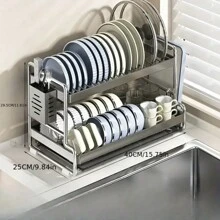 大容量不锈钢双层沥水架 - 带滴水盘、砧板架和餐具架 - 多功能防锈沥水架,适用于家用厨房台面 - 节省空间,易于清洁,厨房好帮手 - 彩色 - 查看 10