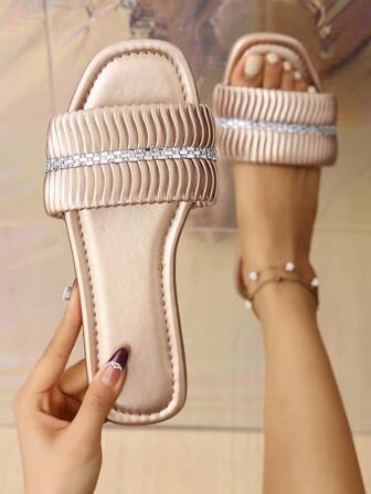 Women's Summer Outdoor Rhinestone Ruched Square Toe Slide Sandals