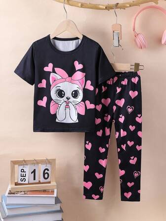 2 件套女孩可爱卡通猫咪爱心图案短袖上衣和长裤