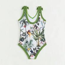 Tween Girls' New Palm Tree Print One-Piece Swimsuit - Army Green - View 2