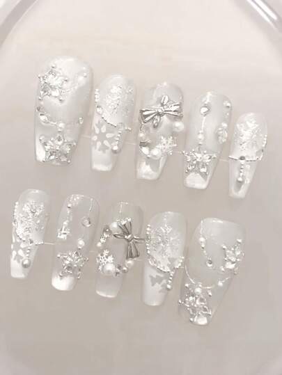 10Pcs Handmade Cat Eye Snowflake Star Design Press On False Nails Nail Supplies Nails
