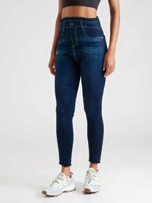 Leggings casuais de efeito Denim para mulheres na primavera/outono, cintura alta elástica, ajuste slim, com bolsos falsos, confortável e versátil para fitness, corrida, exterior, rua, agachamentos profundos, ioga - Azul