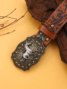 1pc Vintage Western Cowboy Style Animal Buckle Embossed PU Leather Belt - Fits With Jeans, Dresses, Valentine Suitable For All Seasons