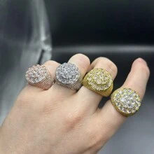 European And American Hip-Hop Style 3-Circle Zirconia Unique Ring, Shiny Brass Fully Zirconia Hiphop Jewelry