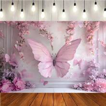Pink Princess Butterfly & Floral Birthday Party Background - Wall Decor For Celebration Event, Happy Birthday Theme, European Style Photo Backdrop - 1pc - View 2
