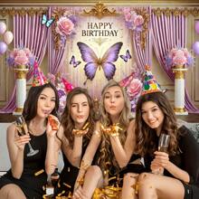 1pc Purple Butterfly Hanging Backdrop With Golden Decor And Valance Design, Made Of Polyester Fabric, Suitable For Princess Theme Party, Wedding And Photo Booth - Applicable For Entrance, Garden, Wedding And Bridal Shower - Multipurpose Backdrop For Various Occasions And Party Decorations