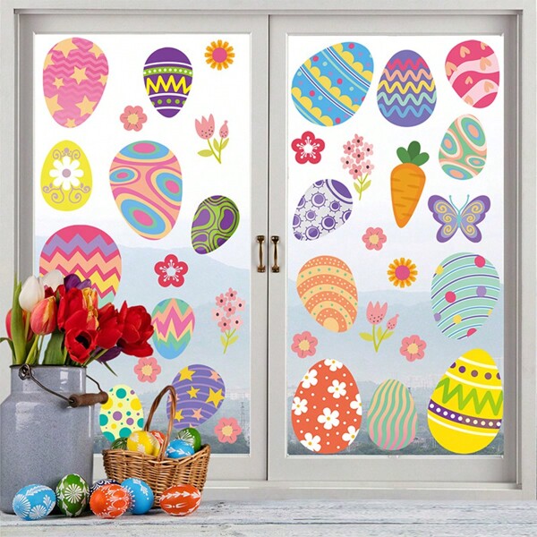 Decorazioni adesive per vetri per Pasqua - 2 fogli di adesivi per finestre con uova di Pasqua e fiori, decorazioni, forniture per feste di primavera, regali per casa, ufficio e negozi