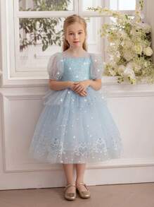 Rochie elegantă de prințesă de gheață cu mâneci bufante din tul și paiete, potrivită pentru cadou de zi de naștere, banchet, petrecere de dans, festival