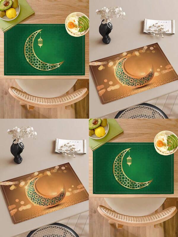Set da 2, 4 o 6 pezzi di sottopiatti con motivo a mezzaluna del Ramadan, stile classico e semplice a mezzaluna in lino quadrato antiscivolo, adatti per riunioni, feste, ristoranti, cucine e decorazione della casa islamica