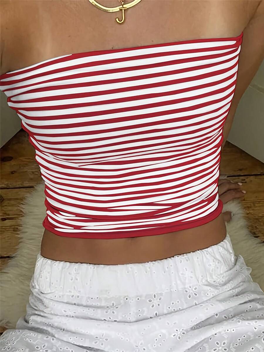 Women's Crop Tube Tops Tight Fitted Sleeveless Strapless Off Shoulder Backless Tops Shirt For Party Club - Đỏ - Xem 1