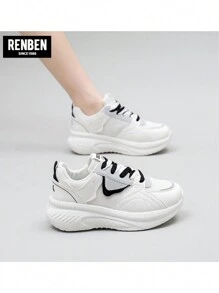 RENBEN 女士平底白色运动鞋，网眼透气休闲硫化鞋，适合学生和日常穿着 - 米黑色 - 查看 6