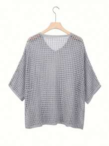 Blusa de punto sólido y hueco, top de ganchillo casual de cuello en V y manga 3/4, adecuado para primavera y verano, para mujer