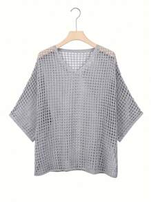 Blusa de punto sólido y hueco, top de ganchillo casual de cuello en V y manga 3/4, adecuado para primavera y verano, para mujer