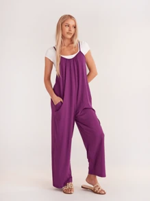 New Women's Pants Solid Color Pockets Loose Casual Halter Jumpsuit