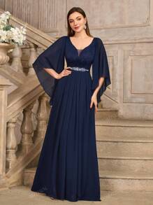 MIUSOL Vestido de noche con cuello en V profundo, mangas con diseño de mariposa, doblez y pliegues en el ruedo, para fiesta, invitada de boda o evento formal
