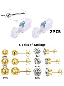 14pcs/Set Sterile Ear Piercing Kit, (2pcs Ear Piercer + 6pcs White Zirconia Gold Earrings + 6pcs Gold Bead Earrings), Disposable Low-Pain Ear Cartilage Piercing Gun With Built-In Ear Studs, Ear Beauty Tools & Accessories For Both Men And Women