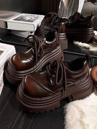 Comfortable Casual Round Toe Leather Loafers, Vintage, Distressed, Thick Sole, Mocha Brown