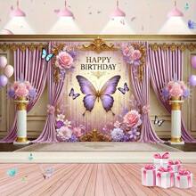 1pc Purple Butterfly Hanging Backdrop With Golden Decor And Valance Design, Made Of Polyester Fabric, Suitable For Princess Theme Party, Wedding And Photo Booth - Applicable For Entrance, Garden, Wedding And Bridal Shower - Multipurpose Backdrop For Various Occasions And Party Decorations