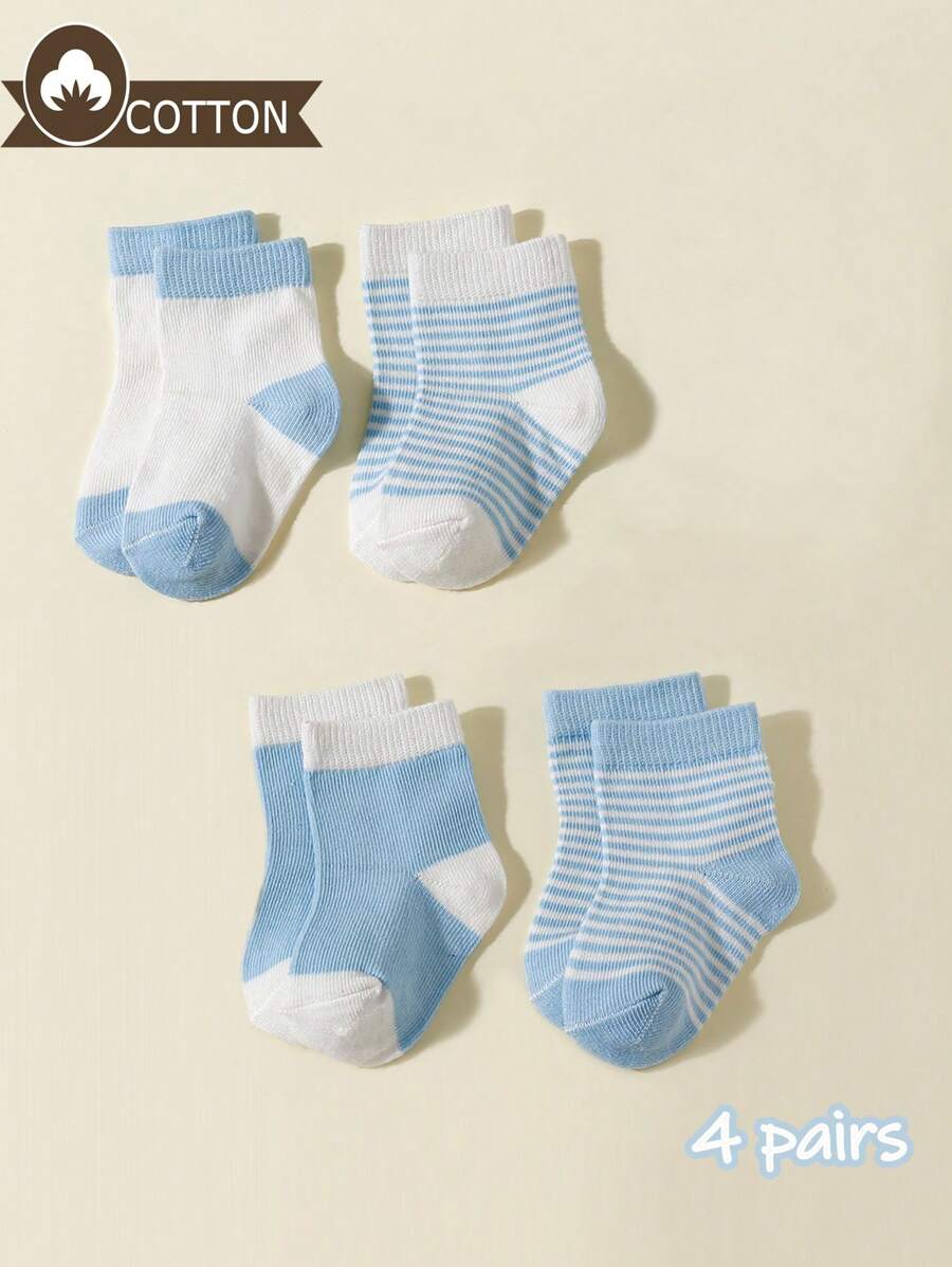 4 双婴儿条纹棉袜，适合 0-6 个月婴儿 - 藍色 - 查看 1
