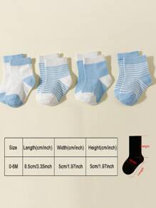 4 双婴儿条纹棉袜，适合 0-6 个月婴儿 - 藍色 - 查看 2