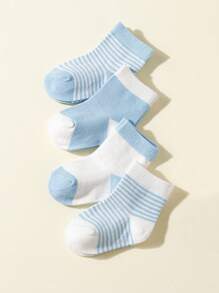 4 双婴儿条纹棉袜，适合 0-6 个月婴儿 - 藍色 - 查看 3