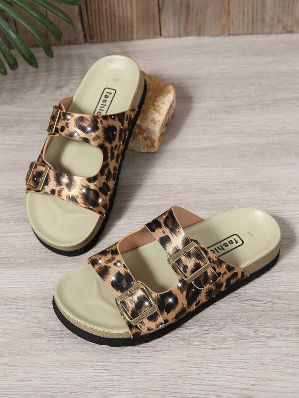 Extra Light Weight, Thick Anti-Slip Flat Soft Outdoor&Indoor Embellished Leopard Print Elevated Slippers