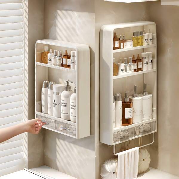1pc No-Drill Multi-Purpose Storage Rack, Wall-Mounted Bathroom, Vanity, Makeup Organizer, Kitchen Shelf