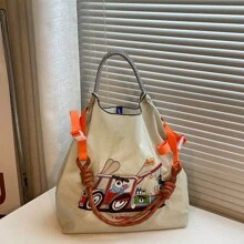 Fashion Shopping Bag Women's Shoulder Bag Nylon Fabric Bag Dog Embroidery Lightweight Storage Bag Commuter Bag Travel Backpack Large Capacity Tote