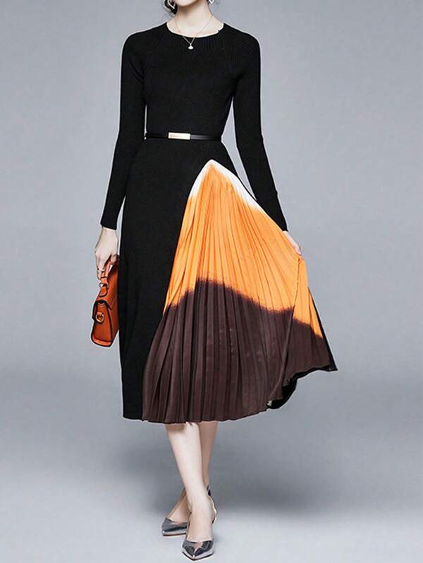 Fashionable Luxurious Knitted Ombre Pleated Fitted Waist Empire Waist Dress