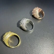 European And American Hip-Hop Style 3-Circle Zirconia Unique Ring, Shiny Brass Fully Zirconia Hiphop Jewelry