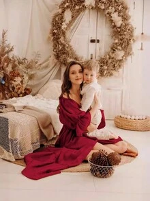 Maternity Button Puff Sleeve Floor Length Dress, Photography Dress - Burgundy - View 5