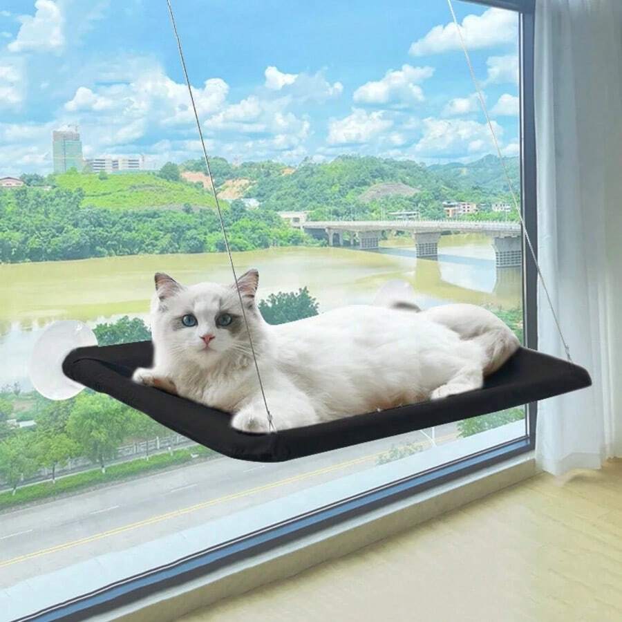 Ultra-Soft Cat Window Hammock Bed - Cozy Cloud-Like Perch For Feline Naptime - Securely Mounted, Perfect Space-Saving - Black - View 1