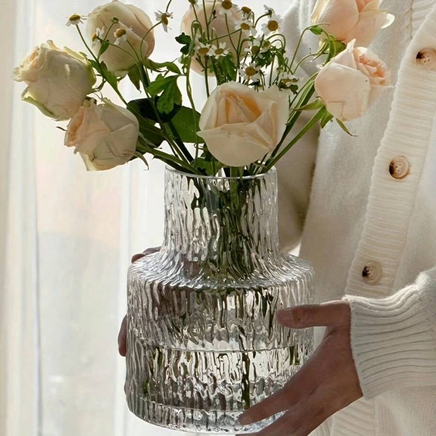 1pc Vintage Textured Glass Vase - Wide Mouth Flower Bouquet Container & Hydroponic Plant Display - Transparent Table Centerpiece For Home/Wedding Decor - Farmhouse Dining Accent, Boho Chic Shelf Styling, Rustic Wedding Reception Essential, Minimalist Living Room Decor, Water Culture Planter Home Decor Flower Vase - dày lên - Xem 1