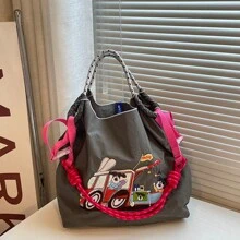 Fashion Shopping Bag Women's Shoulder Bag Nylon Fabric Bag Dog Embroidery Lightweight Storage Bag Commuter Bag Travel Backpack Large Capacity Tote