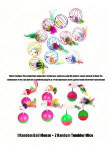 Colorful Feather Painted Iron Cage Pet Cat Toys - Realistic Mouse Shaped Rollers And Caged Mice, Interactive Toys For Cats