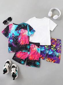 4pcs/Set Young Boy Gaming Controller Printed Short Sleeve Crew Neck T-Shirt And Shorts Set, Casual Leisure Suitable For Summer Sports Outdoor