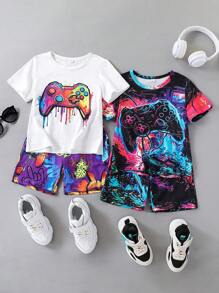 4pcs/Set Young Boy Gaming Controller Printed Short Sleeve Crew Neck T-Shirt And Shorts Set, Casual Leisure Suitable For Summer Sports Outdoor