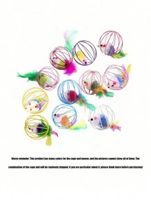 Colorful Feather Painted Iron Cage Pet Cat Toys - Realistic Mouse Shaped Rollers And Caged Mice, Interactive Toys For Cats