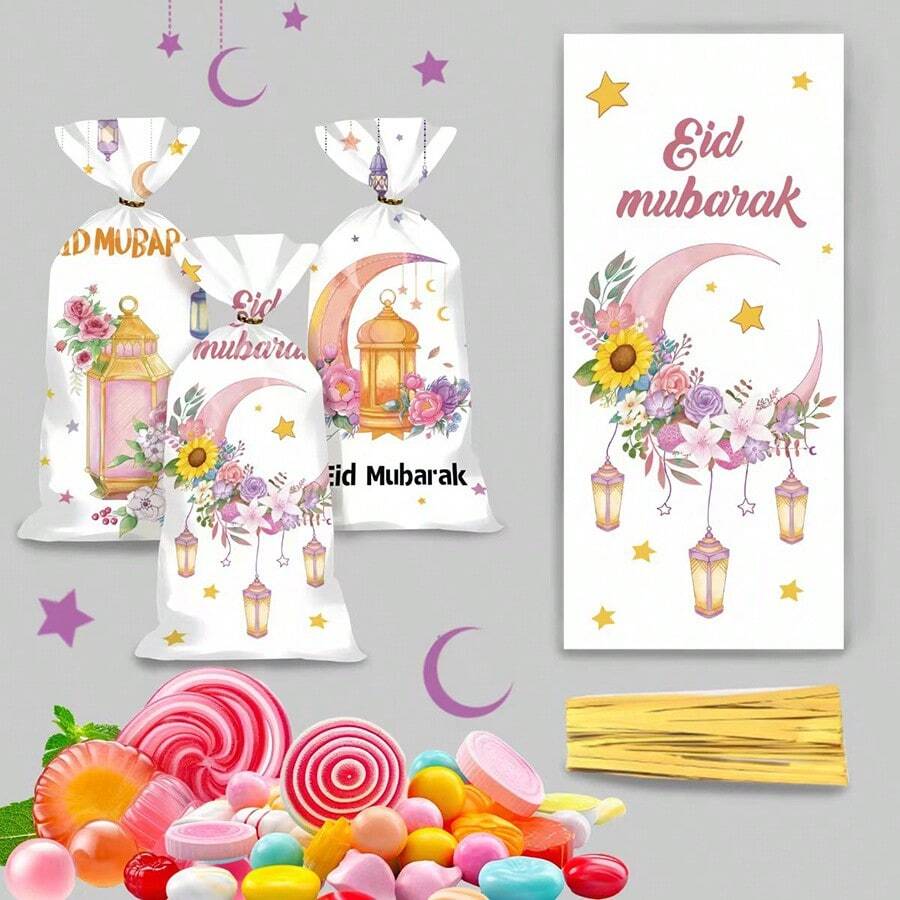 50pcs/Pack Moon Festival Candy Biscuit Gift Bags, Cartoon Star Moon Lantern Print Small Gift Package Bags, Holiday Baking Food Ties - Multicolor - View 1