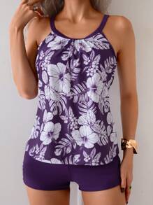 2 Pcs Floral Print Tankini Top And Board Shorts Swimwear Athletic Set, For Summer Beach Vacation - Purple - View 1