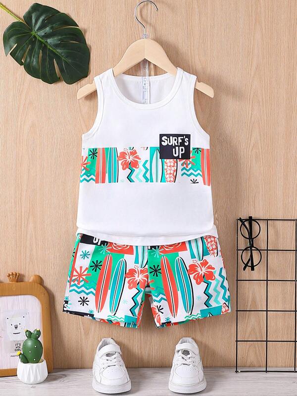 Kleine Jungen 2-teiliges Set mit lässigem Tanktop und Shorts mit Surfbrett-Print und Rundhalsausschnitt, ärmellos, geeignet für den Sommerurlaub und den täglichen Gebrauch im Freien